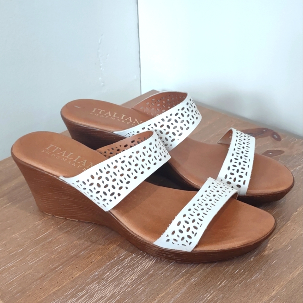 Italian Shoemakers white Lazer cut wedge sandals 10